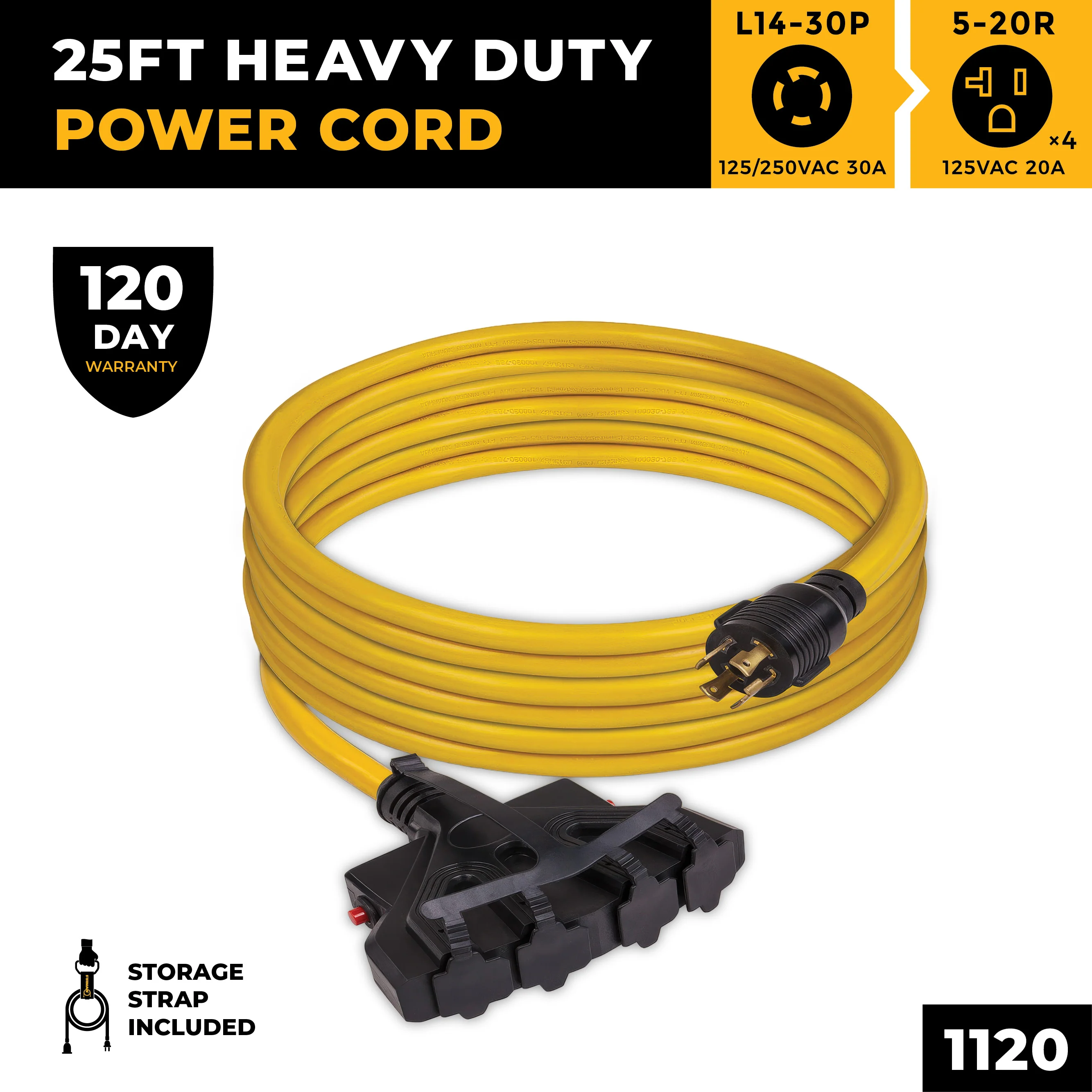 25ft  Heavy Duty L14-30P to (4) 5-20R Power Cord With Storage Strap - Image 3