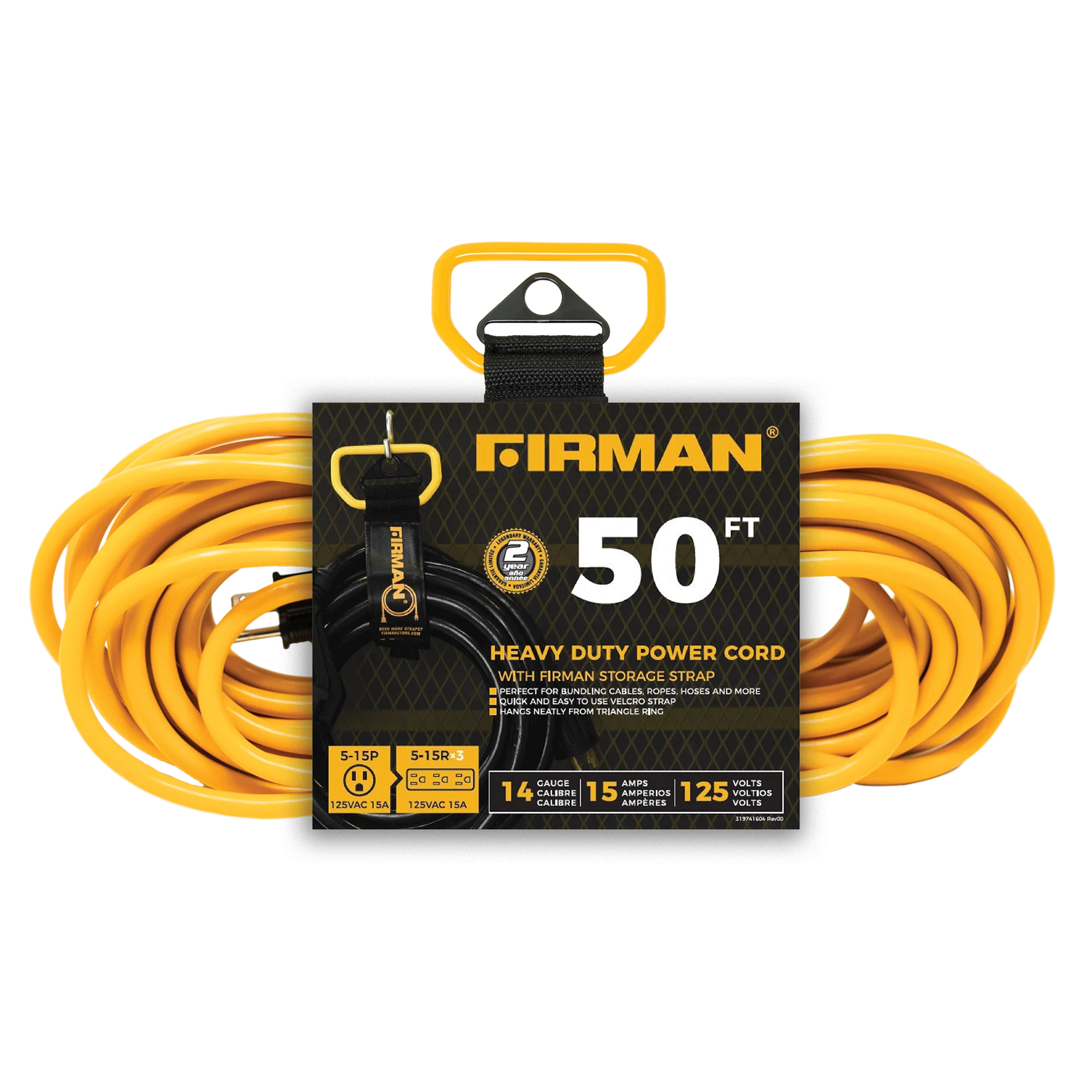 50ft Medium Duty 5-15P to (3) 5-15R Generator Utility Power Cord With Storage Strap - Image 2