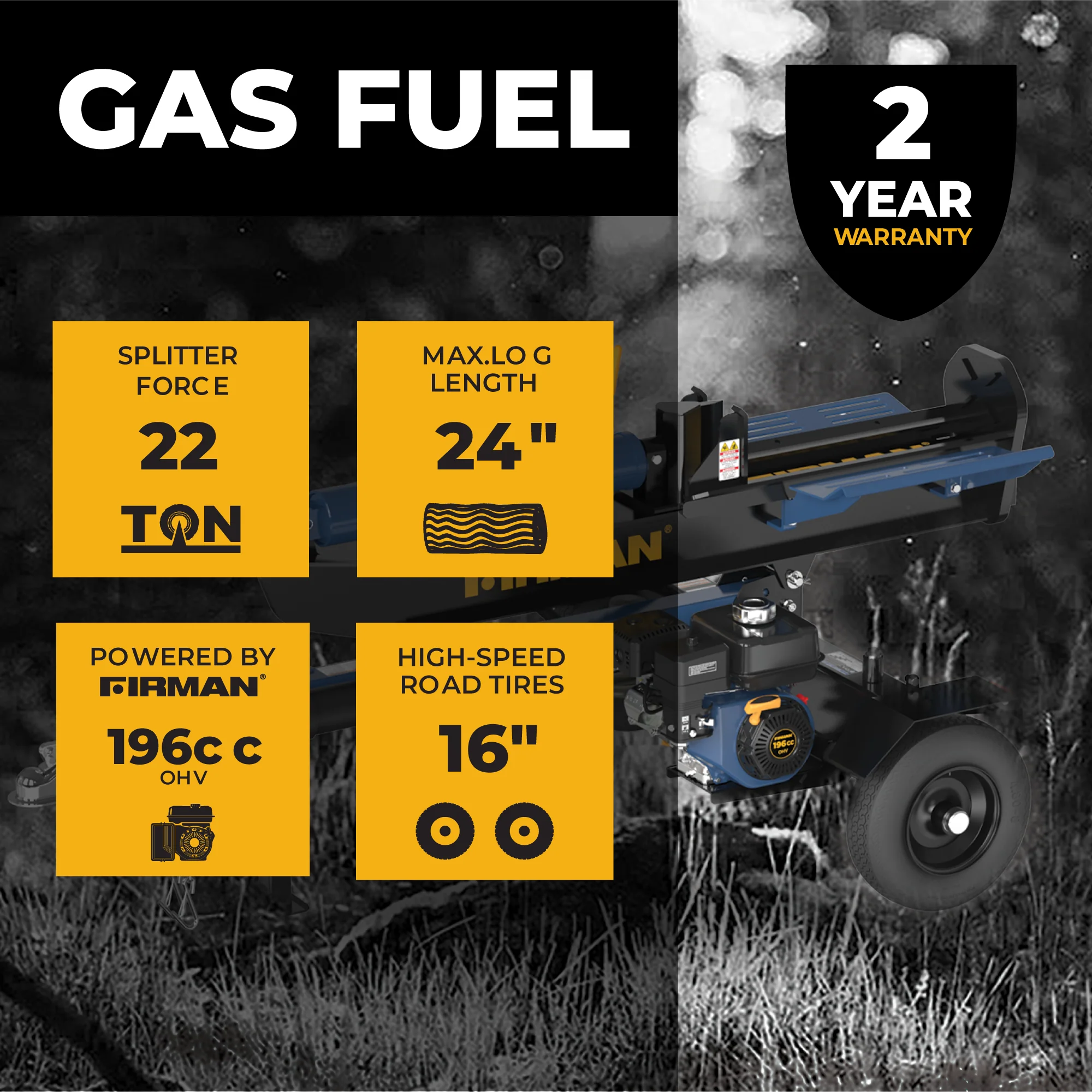 22-Ton Gas Powered Hydraulic Log Splitter - Image 2