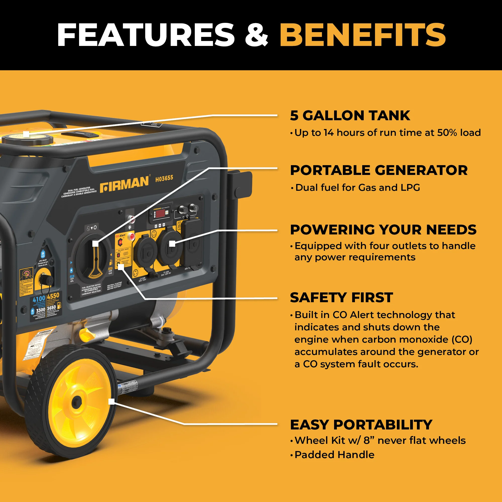 Dual Fuel Portable Generator 4550/3650W Recoil Start - Image 2