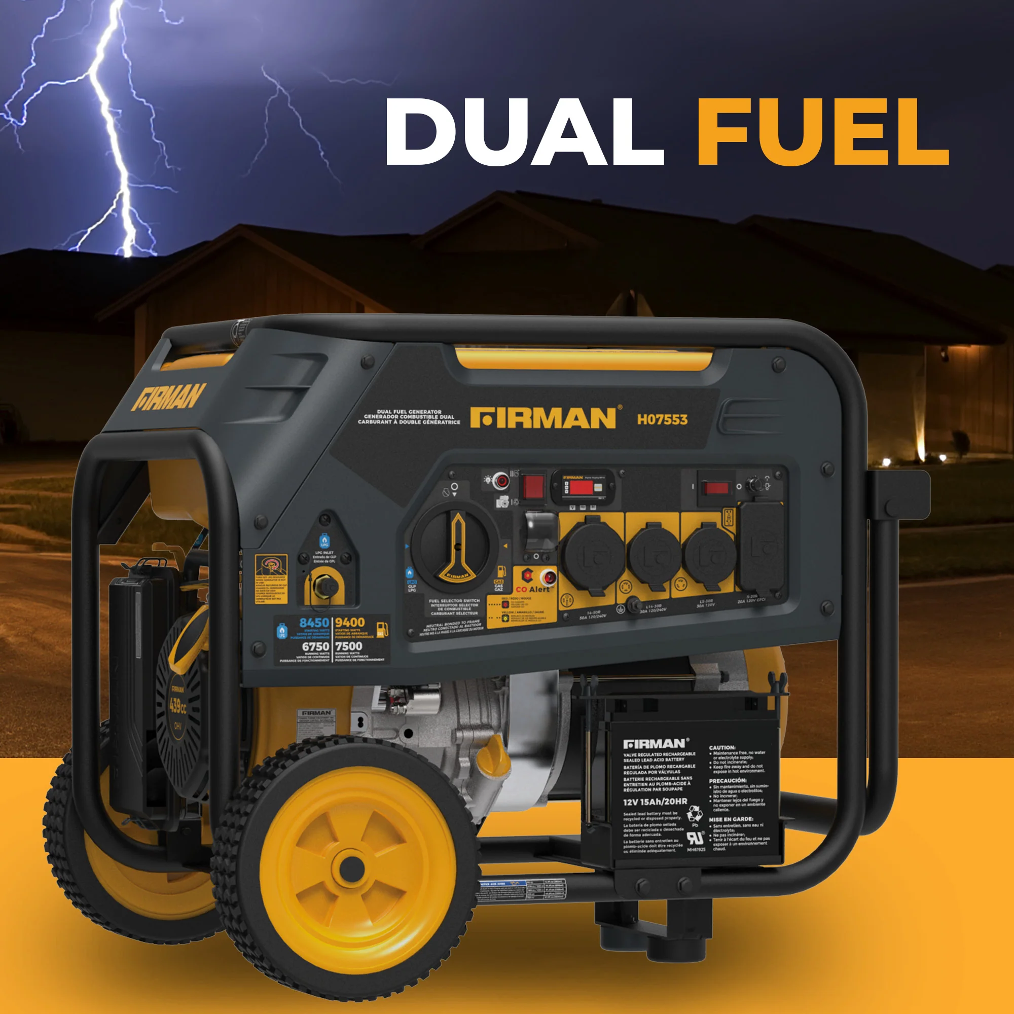Dual Fuel Portable Generator 9400W Electric Start 120/240V with CO Alert - Image 12