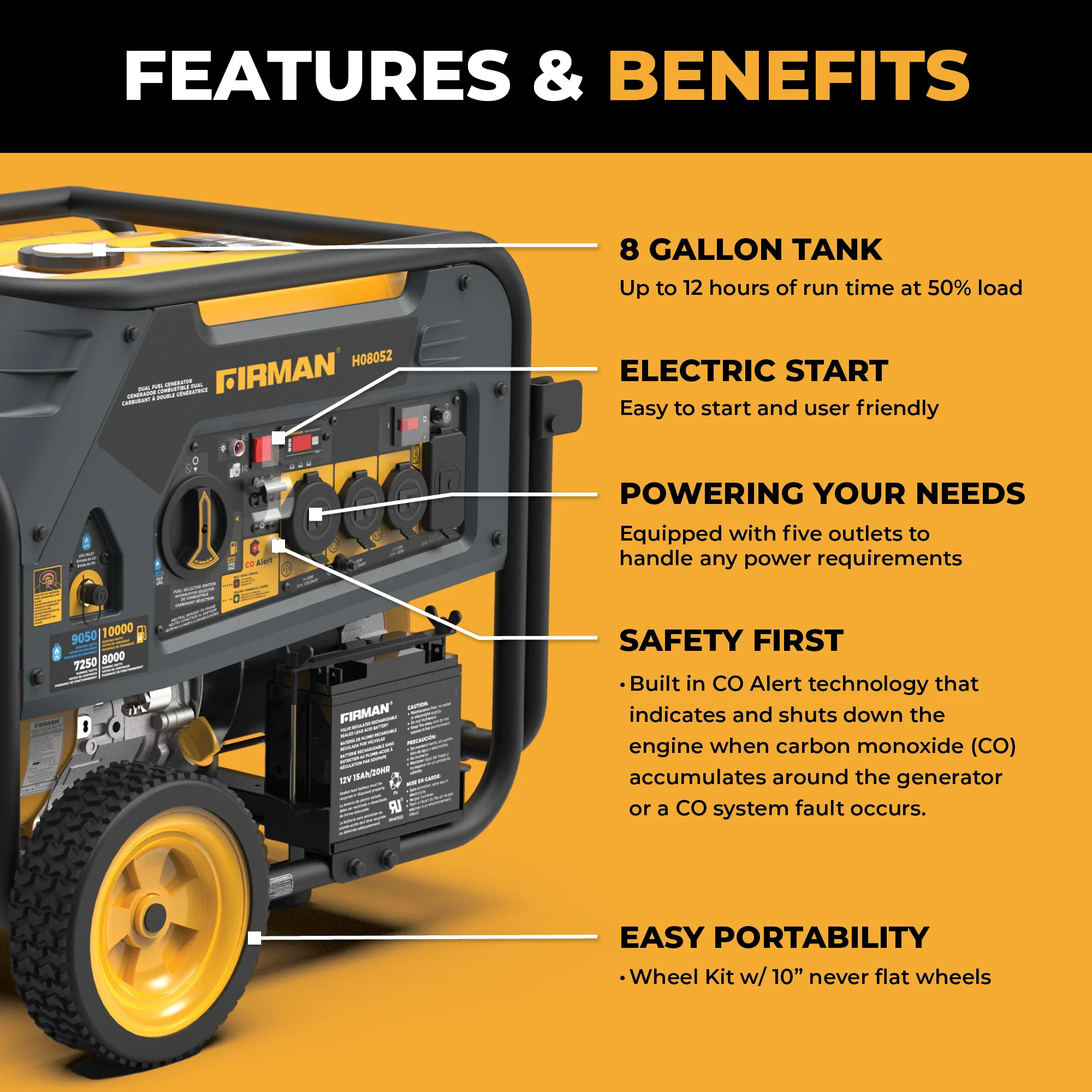 Dual Fuel Portable Generator 10000W Electric Start 120/240V with CO alert - Image 2