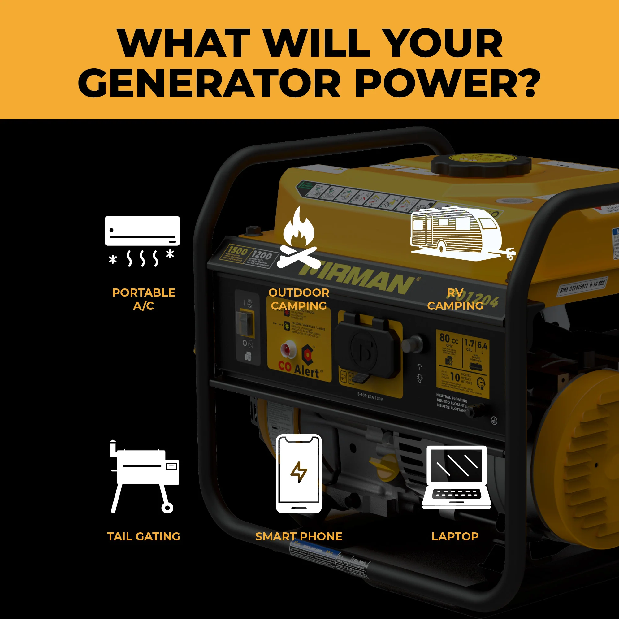 Gas Portable Generator 1500W Recoil Start with CO alert - Image 6