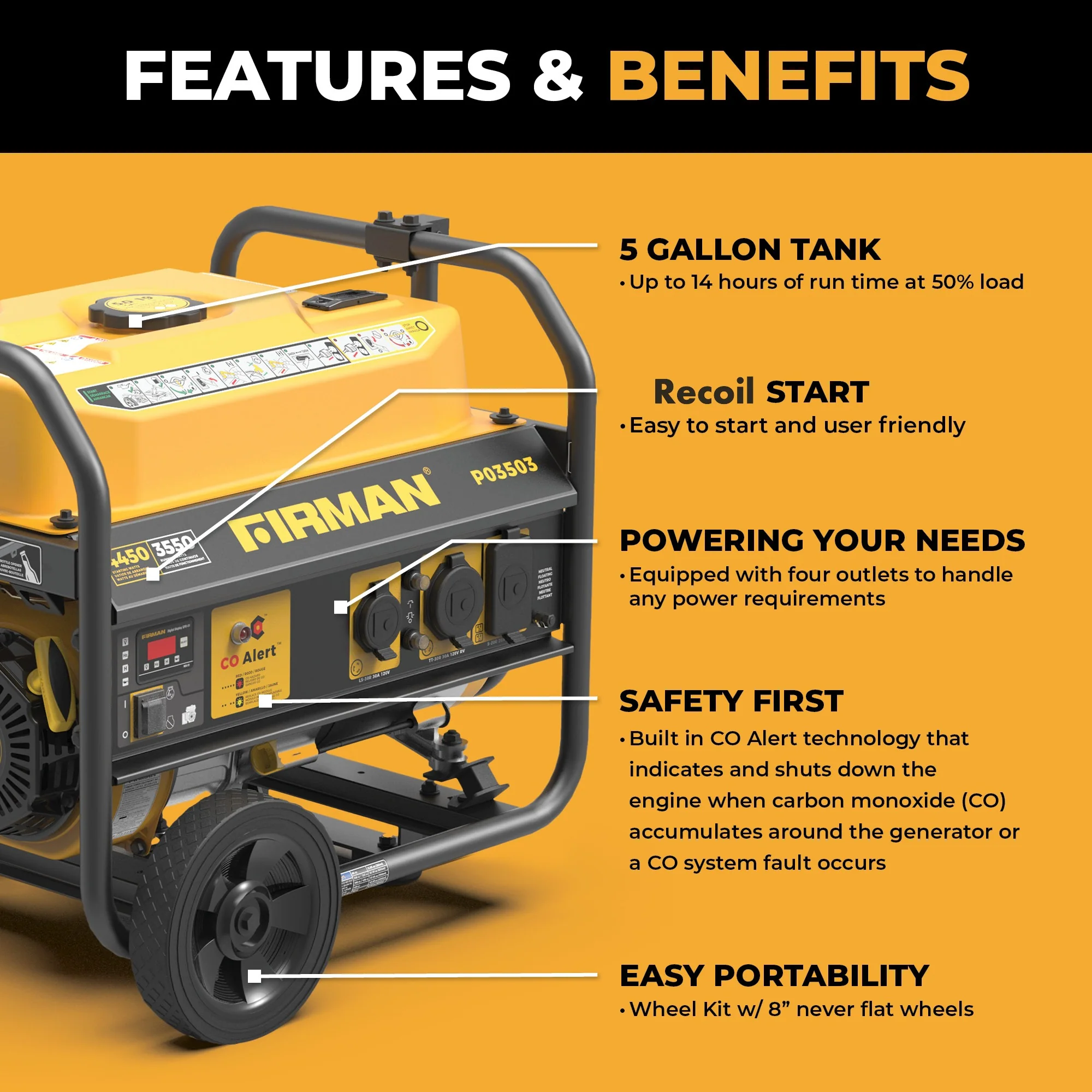 Gas Portable Generator 4450W Recoil Start 120V with CO alert - Image 2