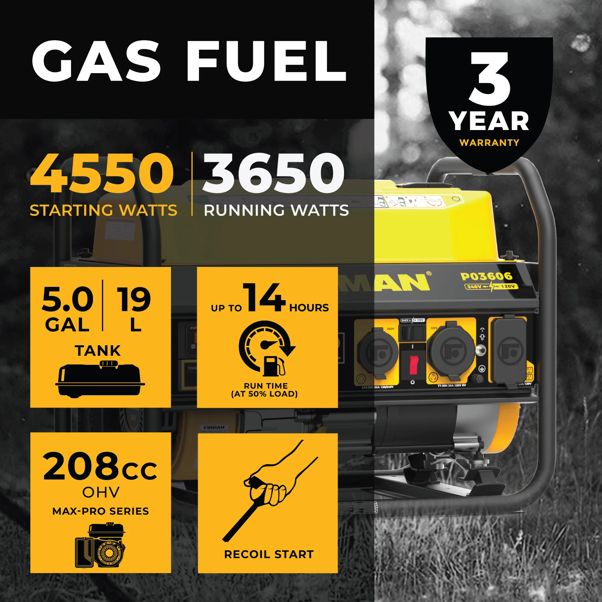 Gas Portable Generator 4550W Recoil Start 120/240V - Image 2