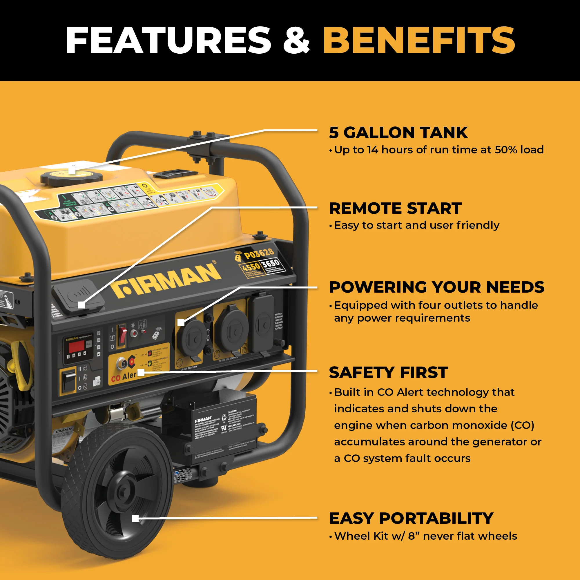 Gas Portable Generator 4550W Remote Start with CO Alert - Image 2