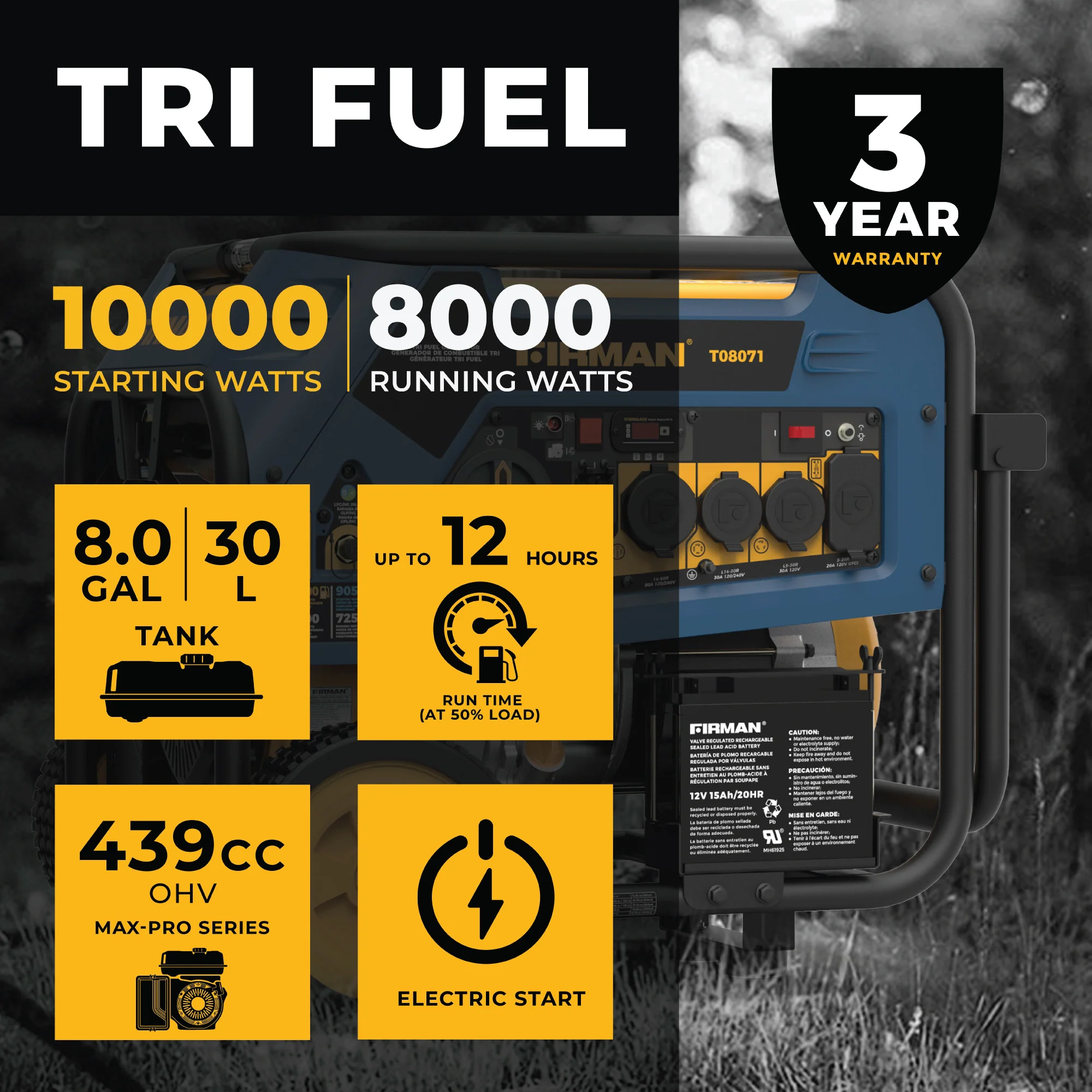 Tri Fuel Portable Generator 8000W Electric Start 120/240V - Image 2