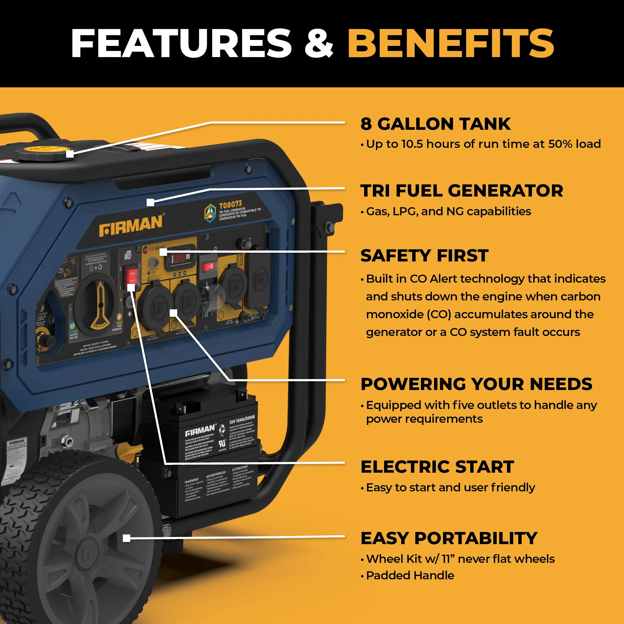Tri Fuel Portable Generator 10000/8000W Electric Start With CO Alert - Image 3
