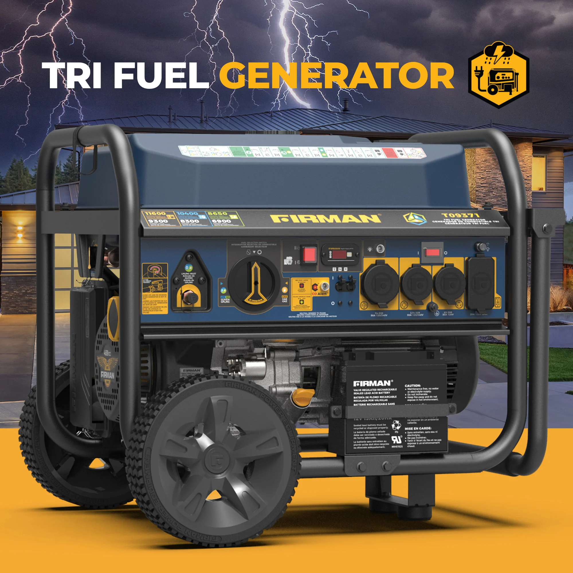 Tri Fuel Portable Generator 11600/9300W Electric Start 120V/240V with Power Cord - Image 13