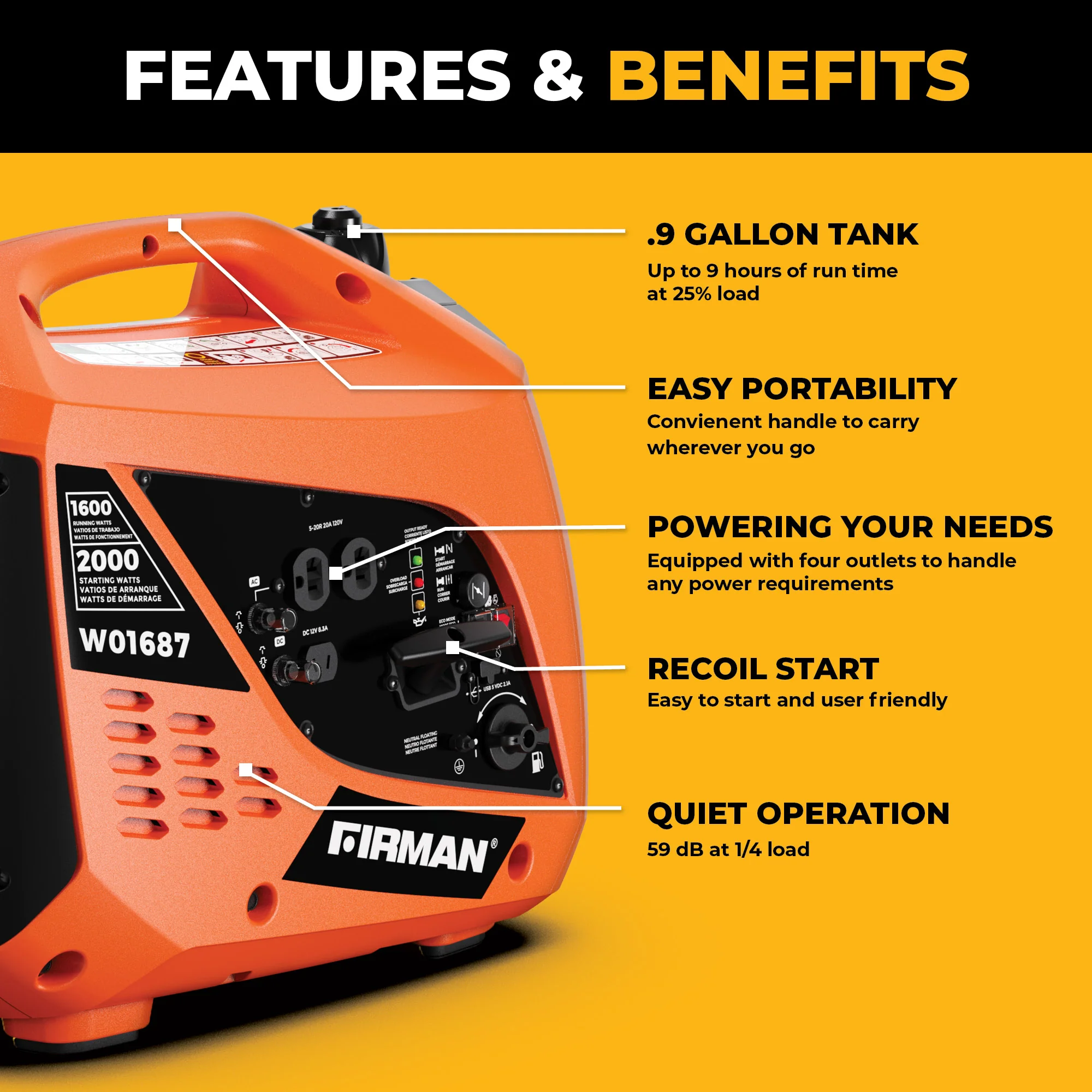 Gas Inverter Portable Generator 2000/1600W Recoil Start - Image 2