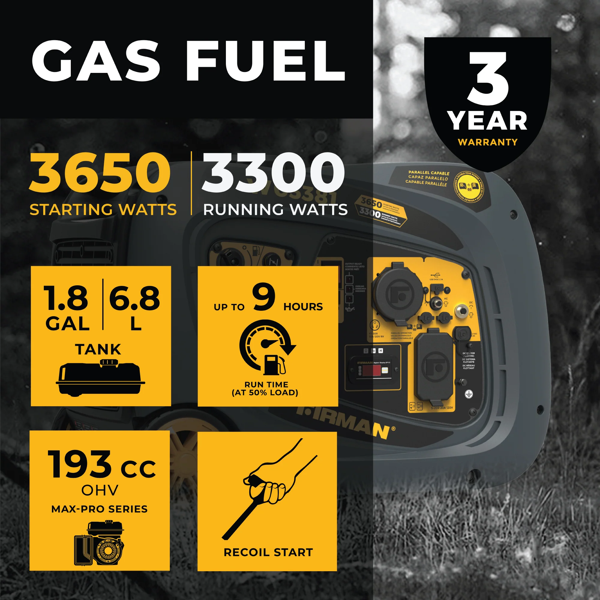 Gas Inverter Portable Generator 3650W Recoil Start - Image 2
