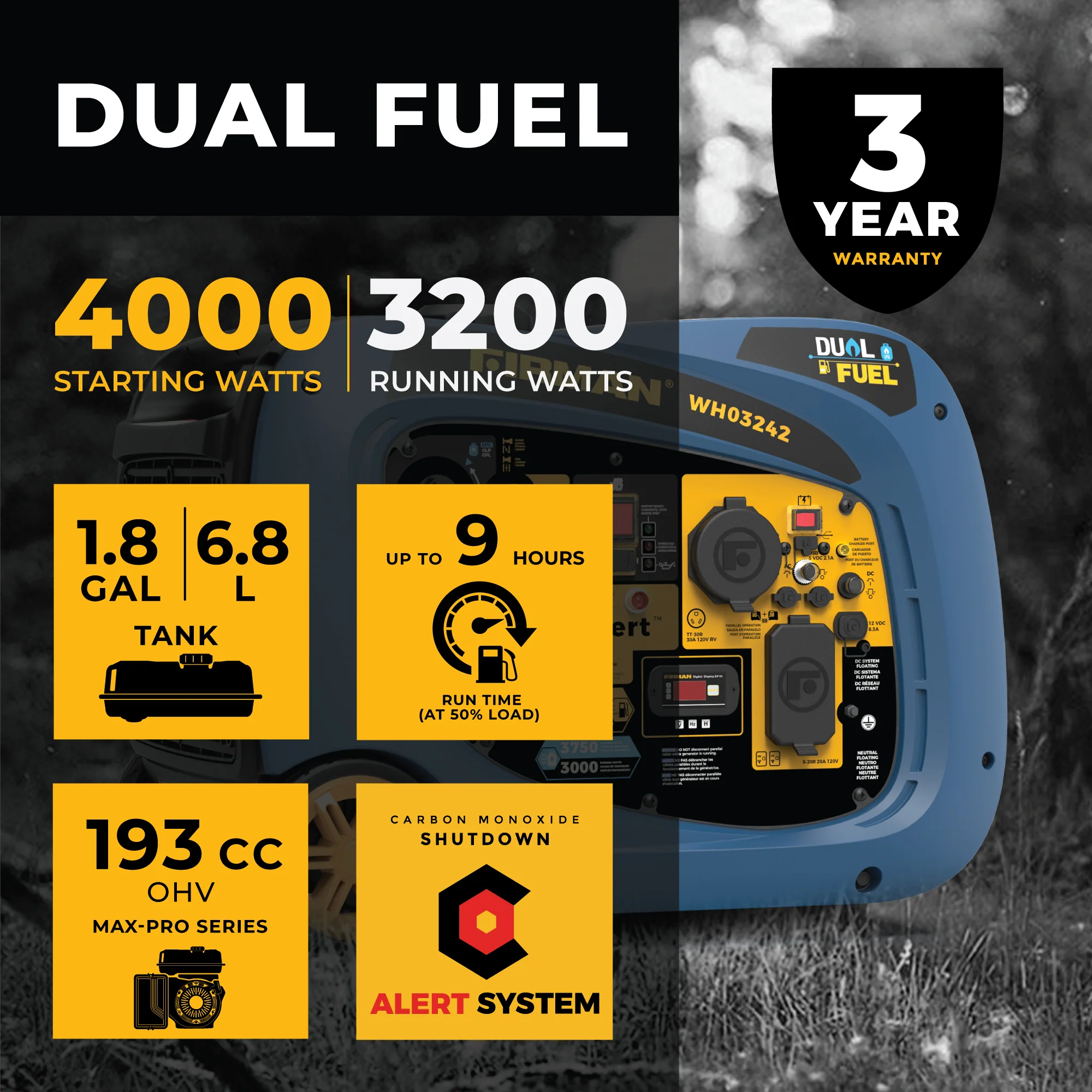 Dual Fuel Inverter Portable Generator 4000W Electric Start with CO ALERT - Image 2